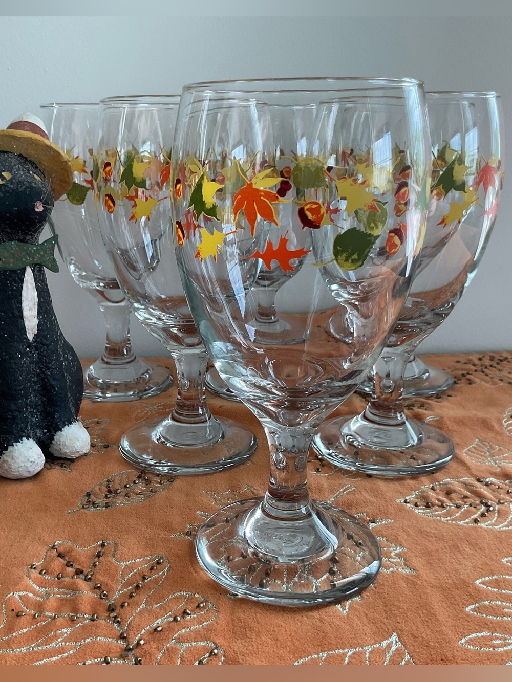 Vintage Libbey Autumn Leaves Stemmed Water or Wine Goblets, Set of 6 Glasses